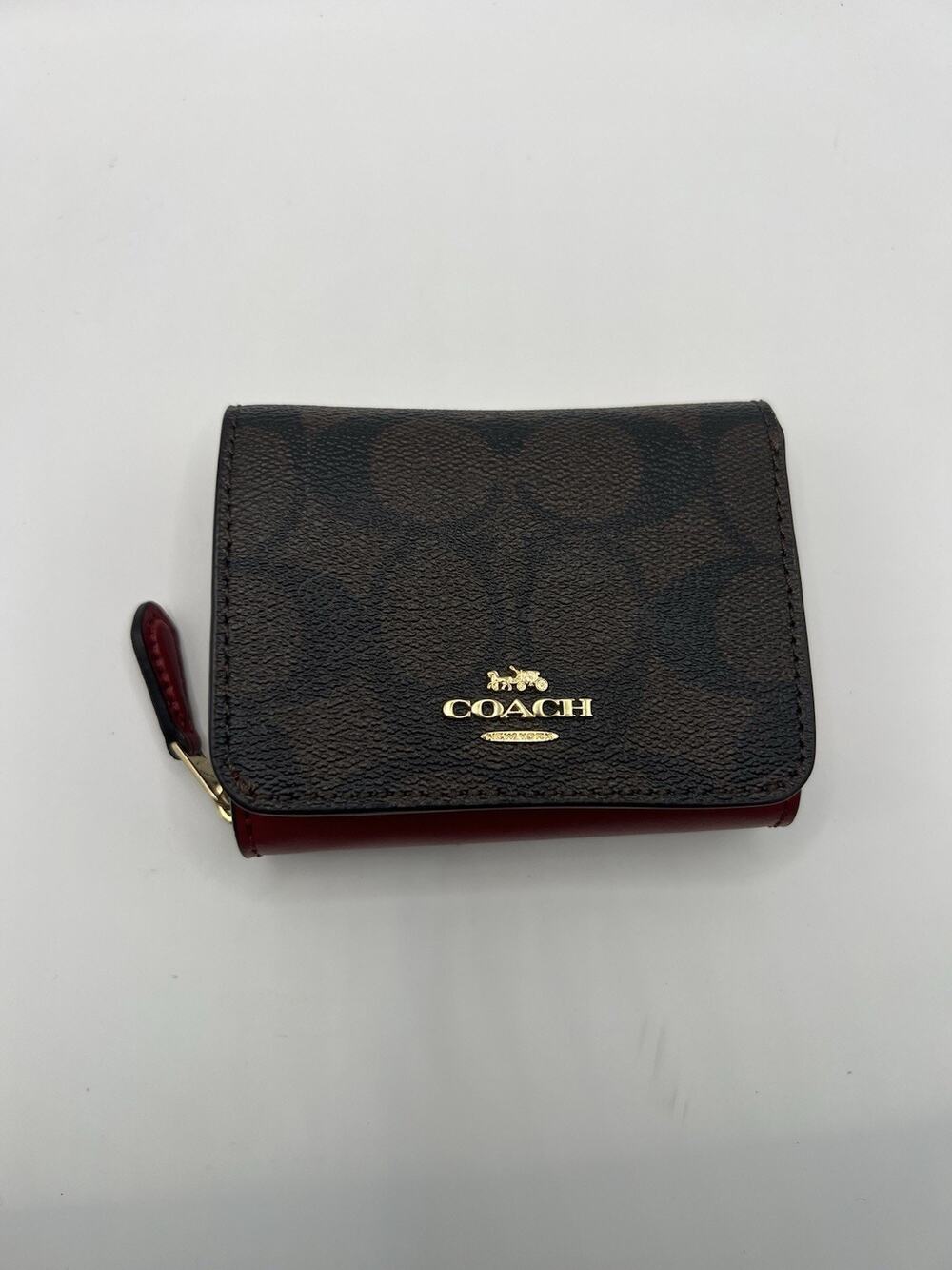 Coach Small Signature Monogram Canvas red leather Trifold Wallet mini compact